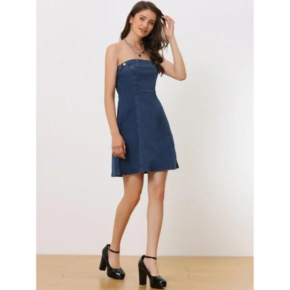 Women's Strapless Denim Dress Cotton Blend Western Sleeveless Mini Outfits - Picture 3 of 5